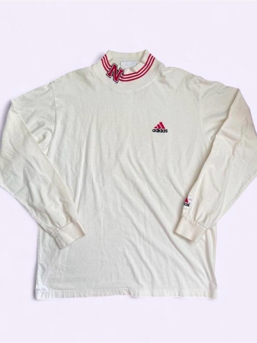 Vintage Y2K Adidas Mock Neck Long Sleeve T Shirt Ivory Red Cotton Logo Tee